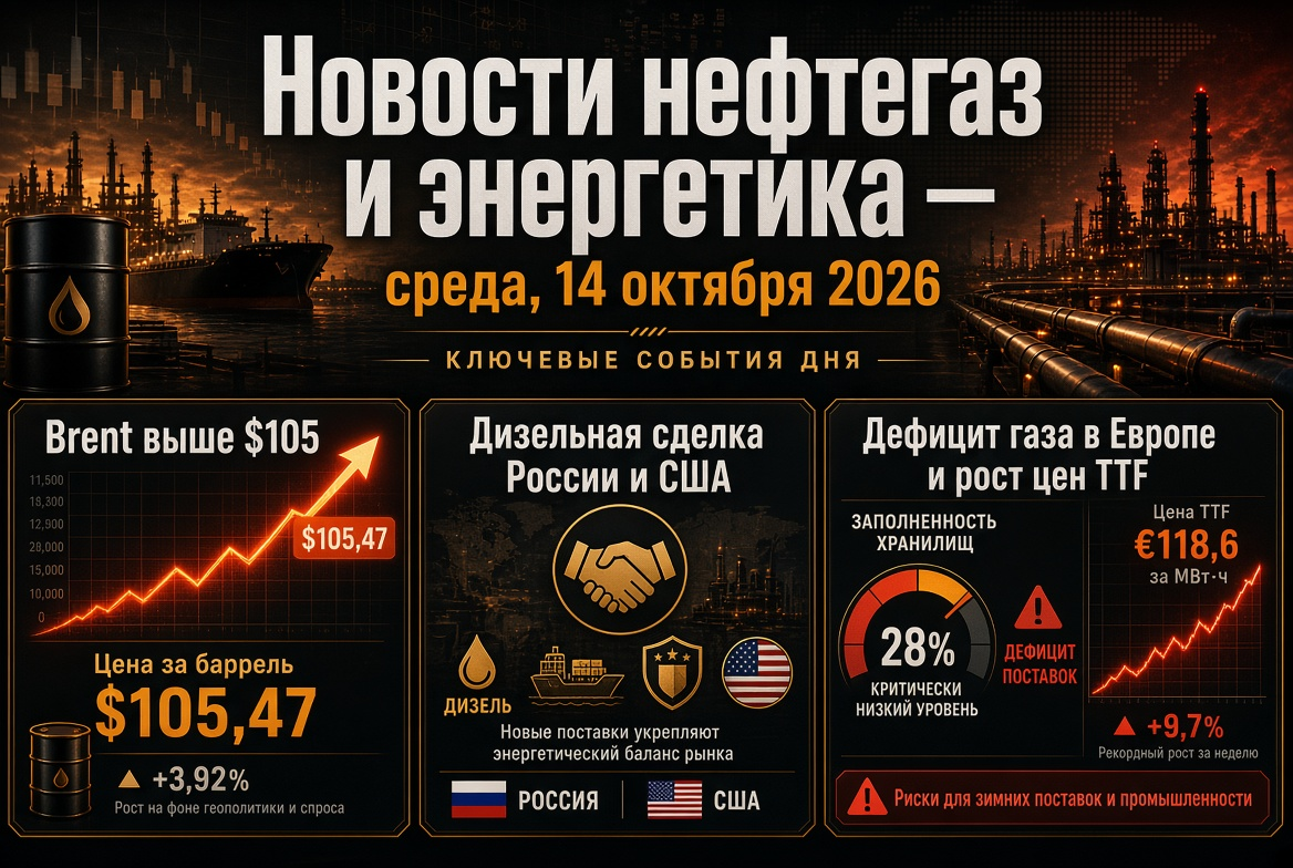 Noticias de petróleo y gas y energía — miércoles, 14 de octubre de 2026: Brent por encima de $105, acuerdo diésel entre Rusia y Estados Unidos, escasez de gas en Europa.