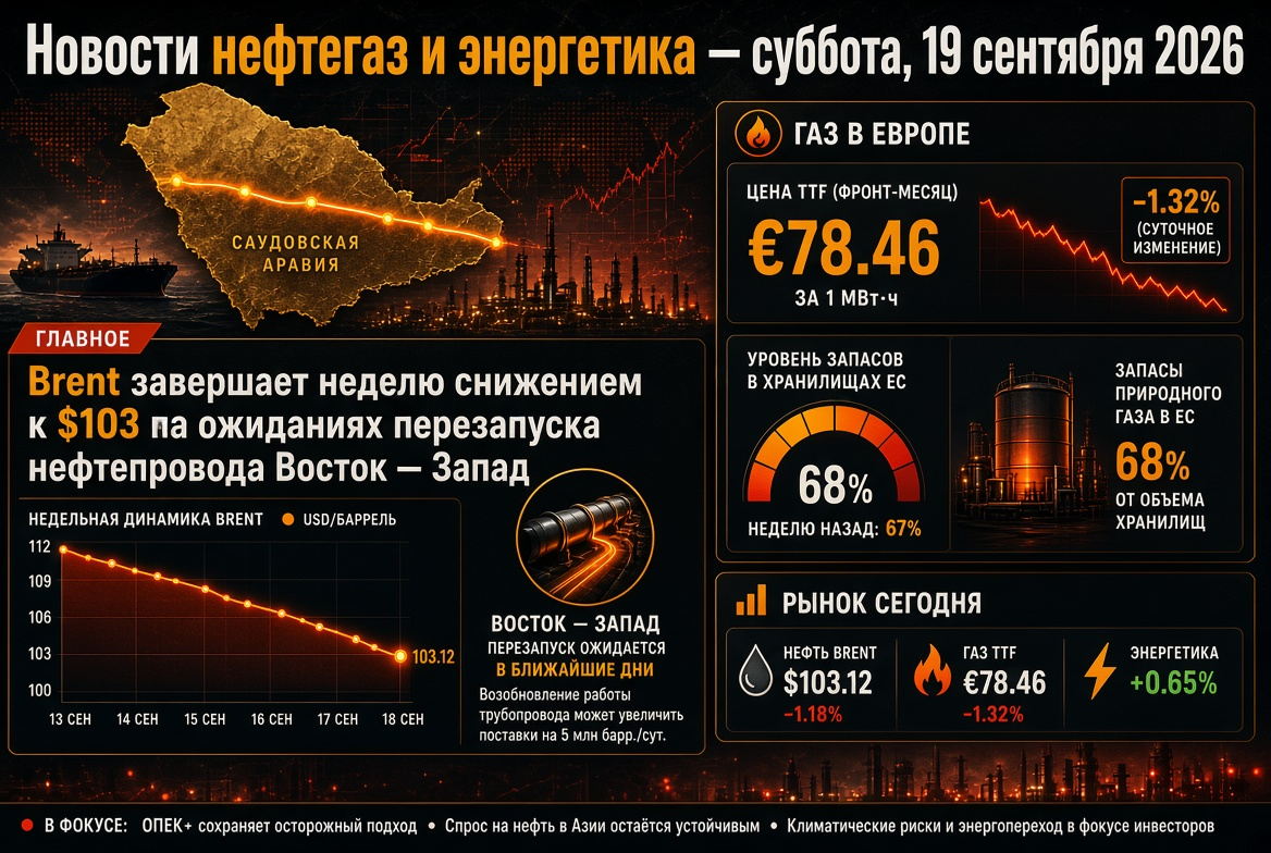 Noticias de petróleo y energía: sábado, 19 de septiembre de 2026: Brent cierra la semana a la baja a $103 por expectativas de reactivación del oleoducto Este-Oeste, gas en Europa alrededor de €78 con reservas del 68%