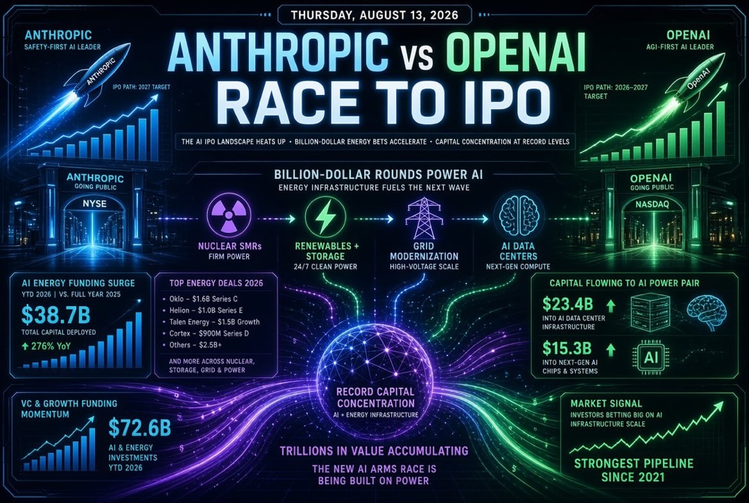 Noticias de startups e inversiones de capital riesgo — jueves, 13 de agosto de 2026: carrera de Anthropic y OpenAI hacia la bolsa, rondas multimillonarias en energía para IA y récord de concentración de capital.