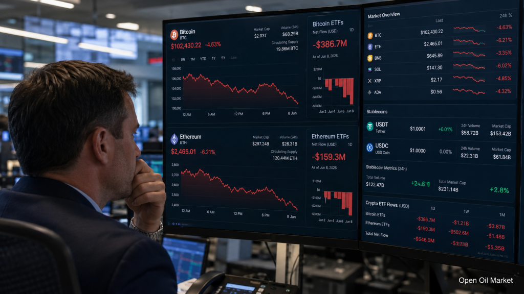 Mercado de criptomonedas 8 de junio de 2026: Bitcoin bajo presión, Ethereum cae, las stablecoins fortalecen su posición