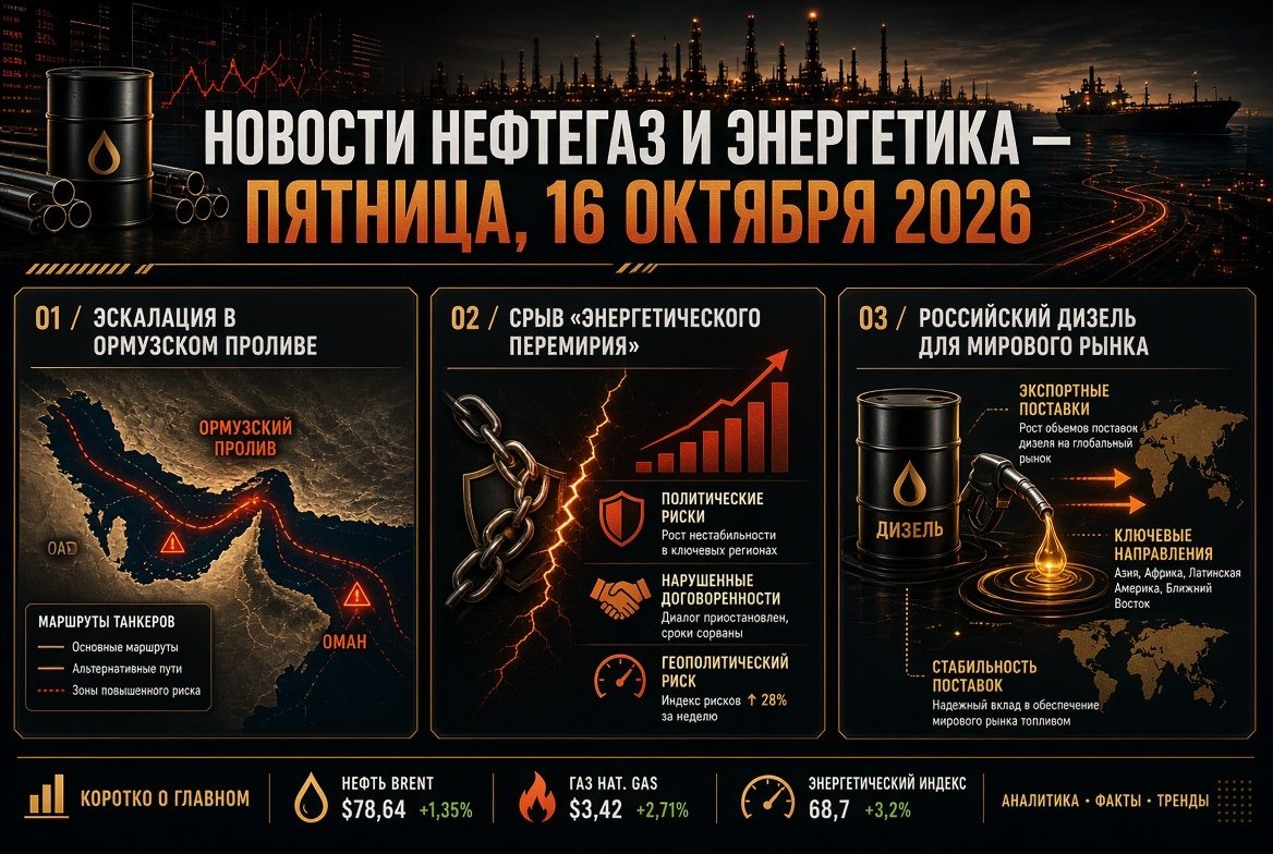 Noticias petróleo y energía — viernes, 16 de octubre de 2026: escalada en el estrecho de Ormuz, ruptura del "alto el fuego energético" y diésel ruso para el mercado mundial