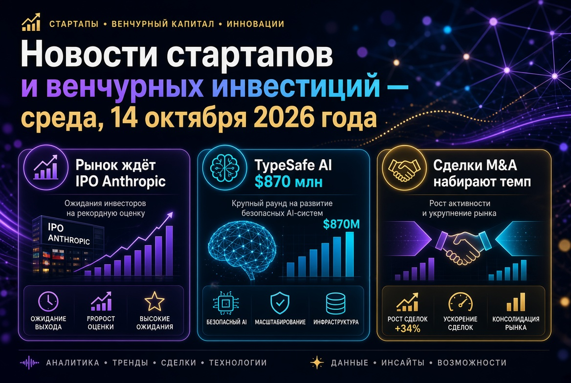 Noticias sobre startups e inversiones de capital riesgo — miércoles, 14 de octubre de 2026: el mercado espera el IPO de Anthropic, TypeSafe AI atrae 870 millones de dólares, las operaciones de M&A cobran impulso