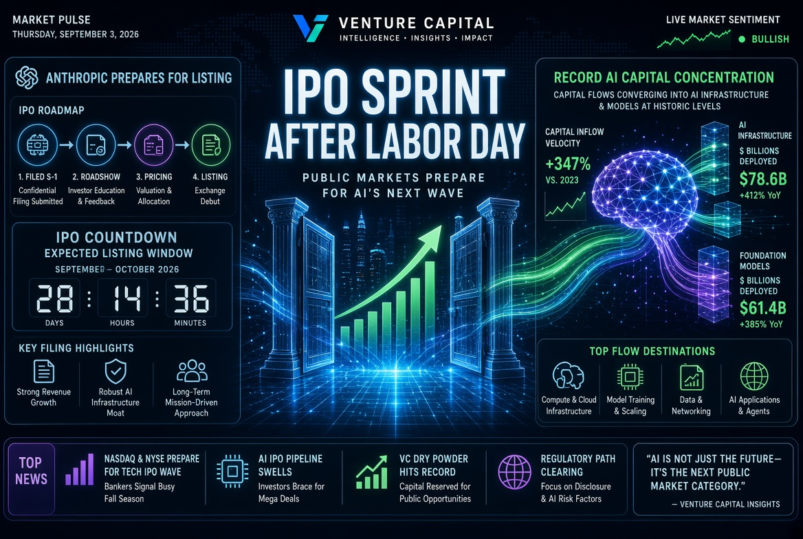 Noticias de startups y capital riesgo — jueves, 3 de septiembre de 2026: sprint de IPO tras el Día del Trabajo, preparación de Anthropic para el listado y concentración récord de capital en IA