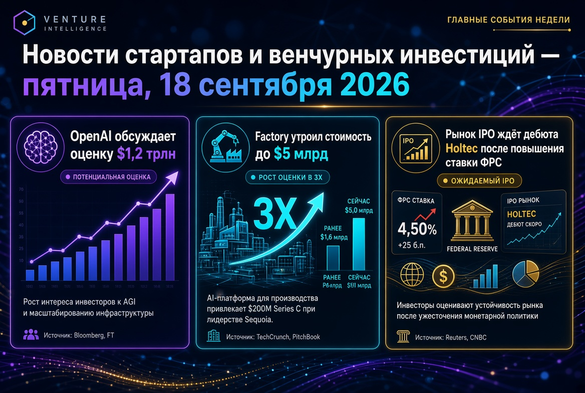 Noticias sobre startups y capital de riesgo — viernes, 18 de septiembre de 2026: OpenAI discute valoración de $1.2 billones, Factory triplica su valor a $5 billones, el mercado IPO espera el debut de Holtec tras el aumento de tasas de la Reserva Federal.