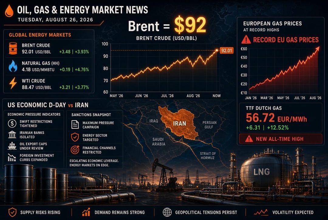 Noticias de petróleo y energía — martes, 26 de agosto de 2026: "Día D económico" de EE.UU. contra Irán, Brent a $92 y precios récord de gas en Europa