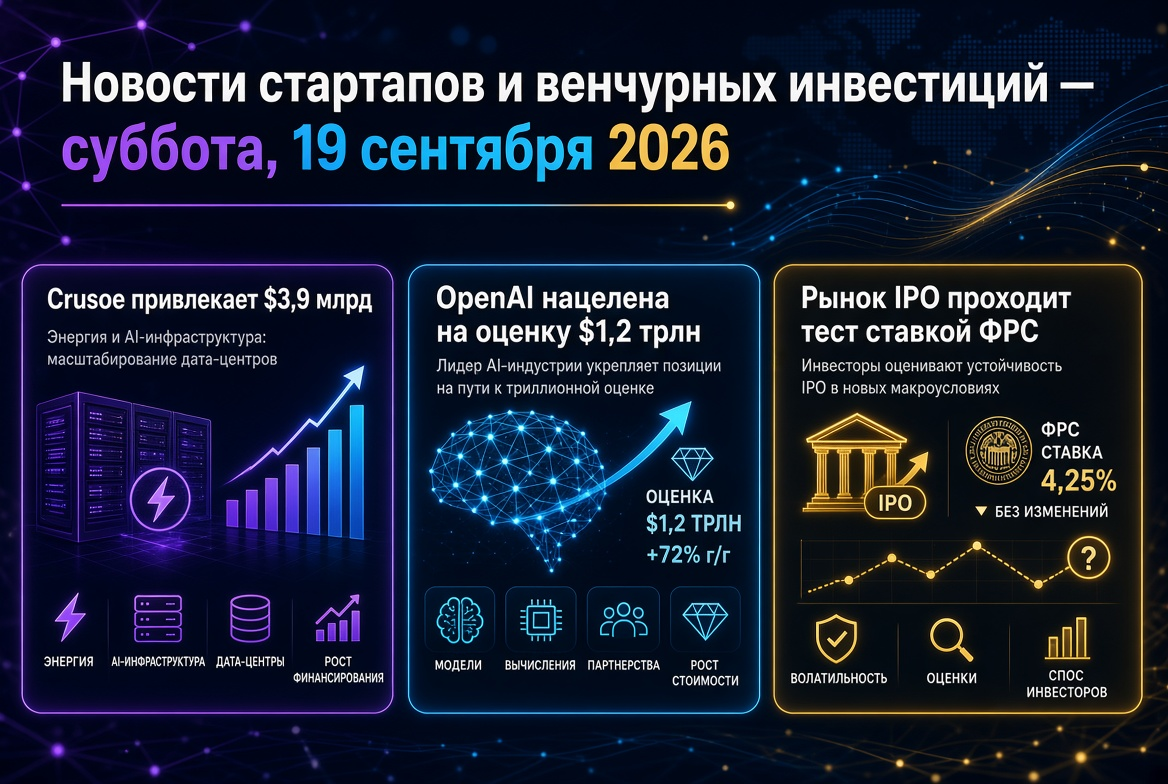 Noticias de startups y capital de riesgo — sábado 19 de septiembre de 2026: Crusoe recauda $3.9 mil millones, OpenAI apunta a una valoración de $1.2 billones, el mercado de OPI pasa la prueba de la tasa de la Reserva Federal.