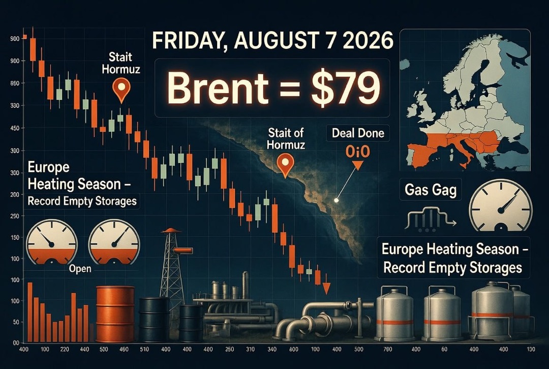 Novedades sobre petróleo y energía — viernes, 07 de agosto de 2026: el acuerdo sobre el estrecho de Ormuz ha hecho caer el petróleo, Brent en $79, Europa entra en la temporada de calefacción con récord de vacíos en los almacenes.