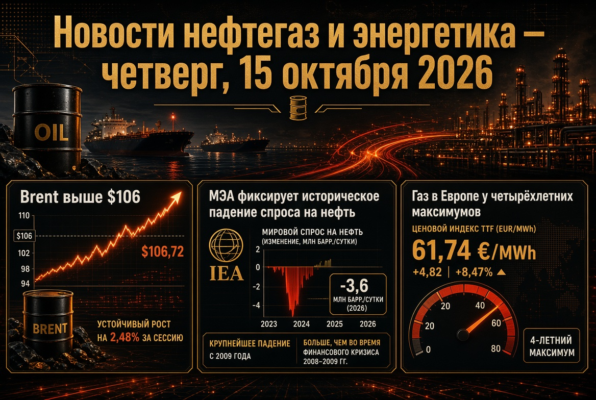 Noticias de petróleo y gas y energía — Jueves, 15 de octubre de 2026: Brent por encima de $106, AIE registra caída histórica en la demanda de petróleo, gas en Europa en máximos de cuatro años.