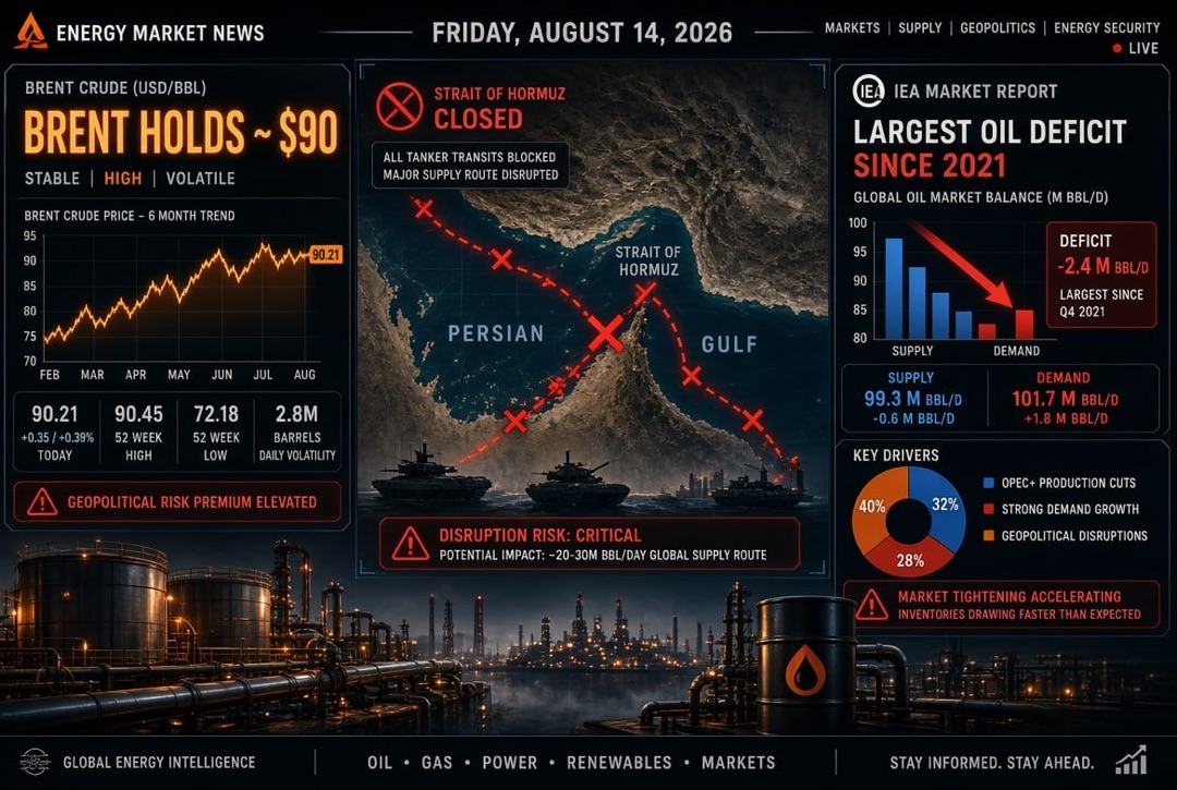 Noticias de petróleo y energía — viernes 14 de agosto de 2026: Brent se mantiene en $90 en medio del cierre del estrecho de Ormuz; AIE registra el mayor déficit de petróleo desde 2021