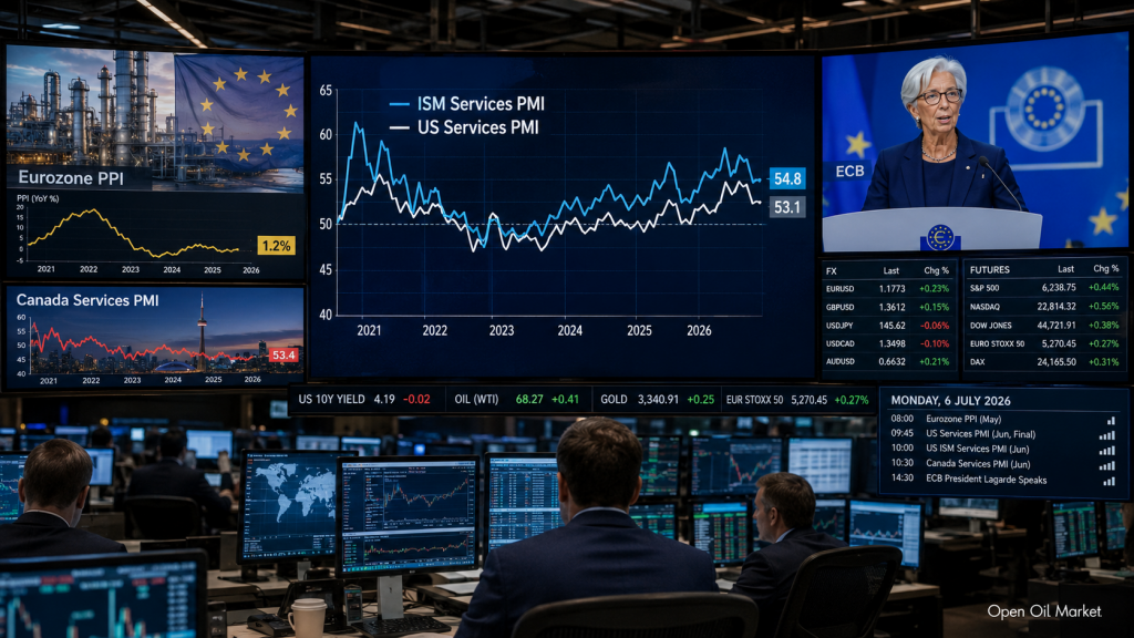 Calendario económico del 6 de julio de 2026: ISM Services PMI EE. UU., IPP de la eurozona, PMI Canadá, discurso de la presidenta del BCE Christine Lagarde y la reacción de los inversores