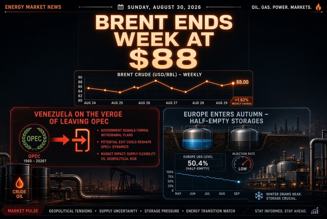 Noticias petróleo y energía — domingo, 30 de agosto de 2026: Venezuela al borde de salir de la OPEP, Brent cierra la semana en $88, Europa entra en otoño con PSG parcialmente llenos
