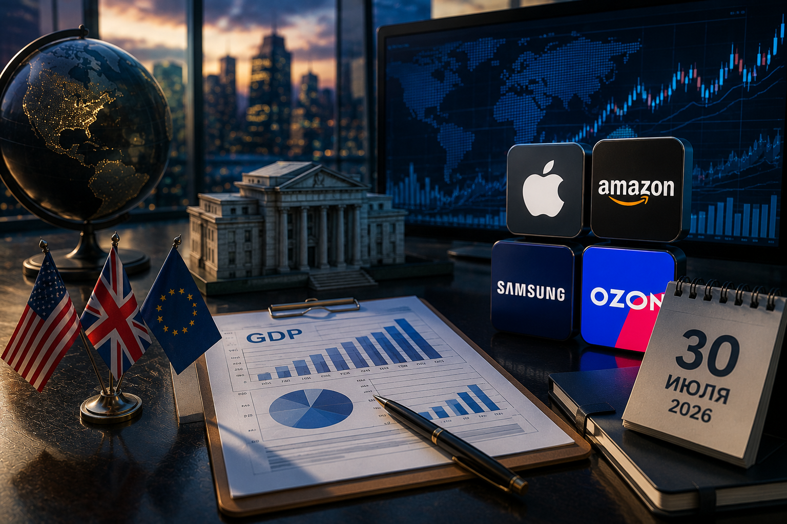 Eventos económicos e informes corporativos: jueves, 30 de julio de 2026 - PIB de EE.UU., decisión del Banco de Inglaterra, informes de Apple, Amazon, Samsung y Ozon.