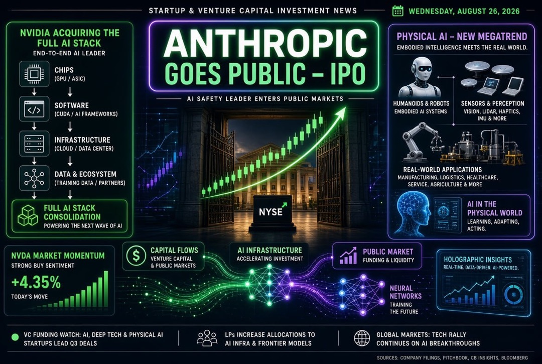 Noticias de startups y capital de riesgo — miércoles, 26 de agosto de 2026: Anthropic sale a IPO, Nvidia adquiere todo el AI-stack, y la IA física se convierte en la nueva megatendencia