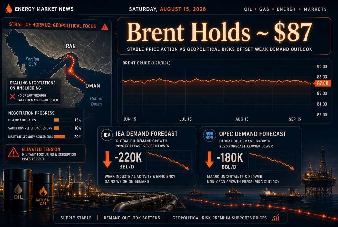 Noticias de petróleo y energía — sábado, 15 de agosto de 2026: Brent se mantiene en $87 en medio de negociaciones estancadas sobre la desbloqueo del estrecho de Ormuz; AIE y OPEP reducen sus pronósticos de demanda.