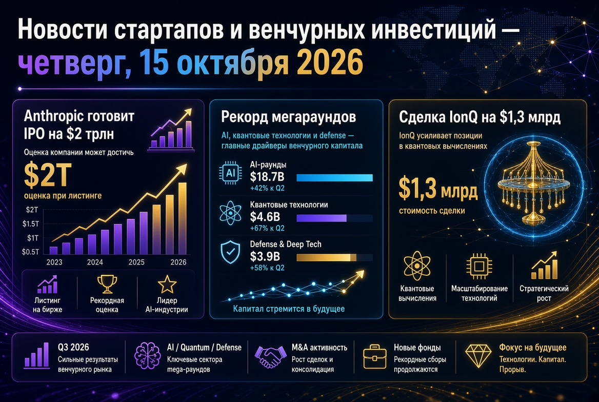Noticias de startups y capital riesgo — jueves, 15 de octubre de 2026: Anthropic prepara OPI de $2 billones, récord de megarrondas y acuerdo de IonQ por $1,3 mil millones
