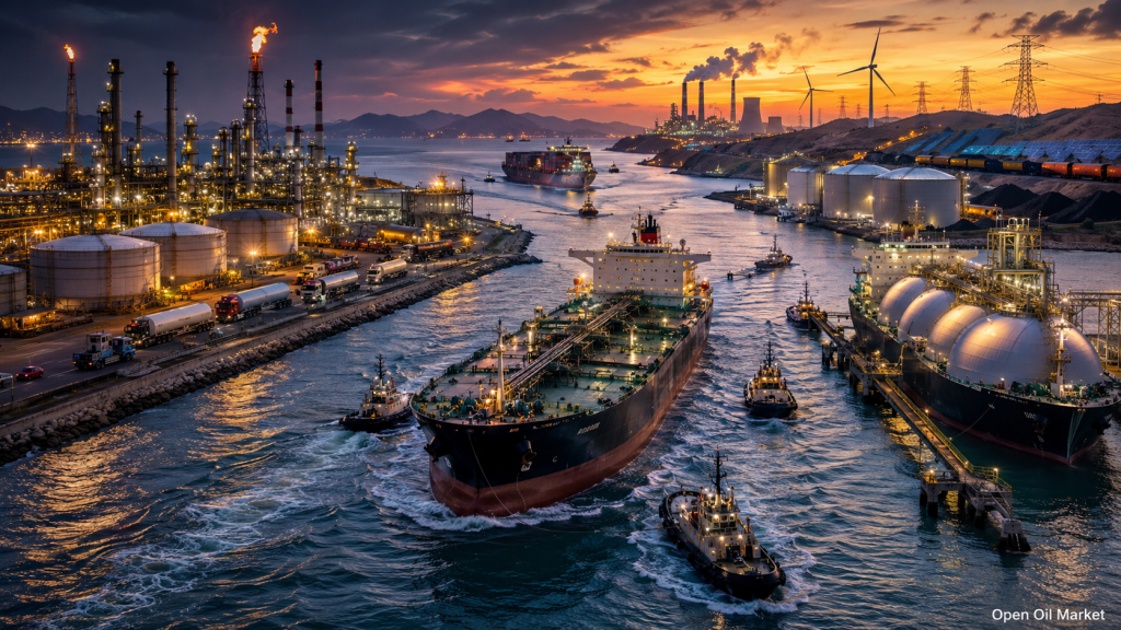 Mercado energético mundial 19 de julio de 2026: petrolero, terminal de GNL, refinería, centrales eléctricas, energías renovables y logística del carbón.