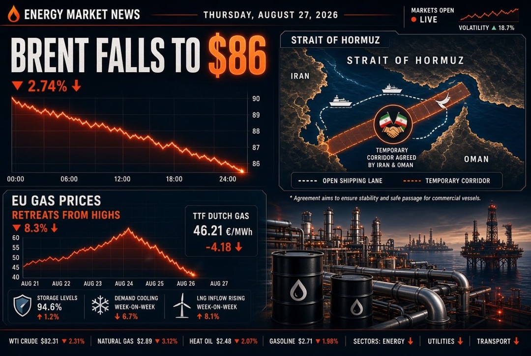 Noticias de petróleo y gas y energía - jueves, 27 de agosto de 2026: Irán y Omán acuerdan un corredor temporal en el estrecho de Ormuz, Brent bajó a $86, gas en Europa se aleja de los máximos.