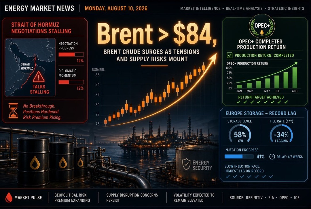 Noticias de hidrocarburos y energía - Lunes, 10 de agosto de 2026: las negociaciones sobre el Estrecho de Ormuz estancadas, Brent por encima de 84 dólares, OPEP+ ha concluido el retorno de la producción, Europa llena sus almacenes con un récord de retraso
