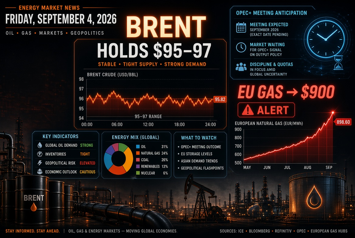 Noticias de petróleo y gas y energía - viernes, 4 de septiembre de 2026: Brent se mantiene en $95-97 a la espera de la reunión de OPEP+, el gas en Europa asalta los $900