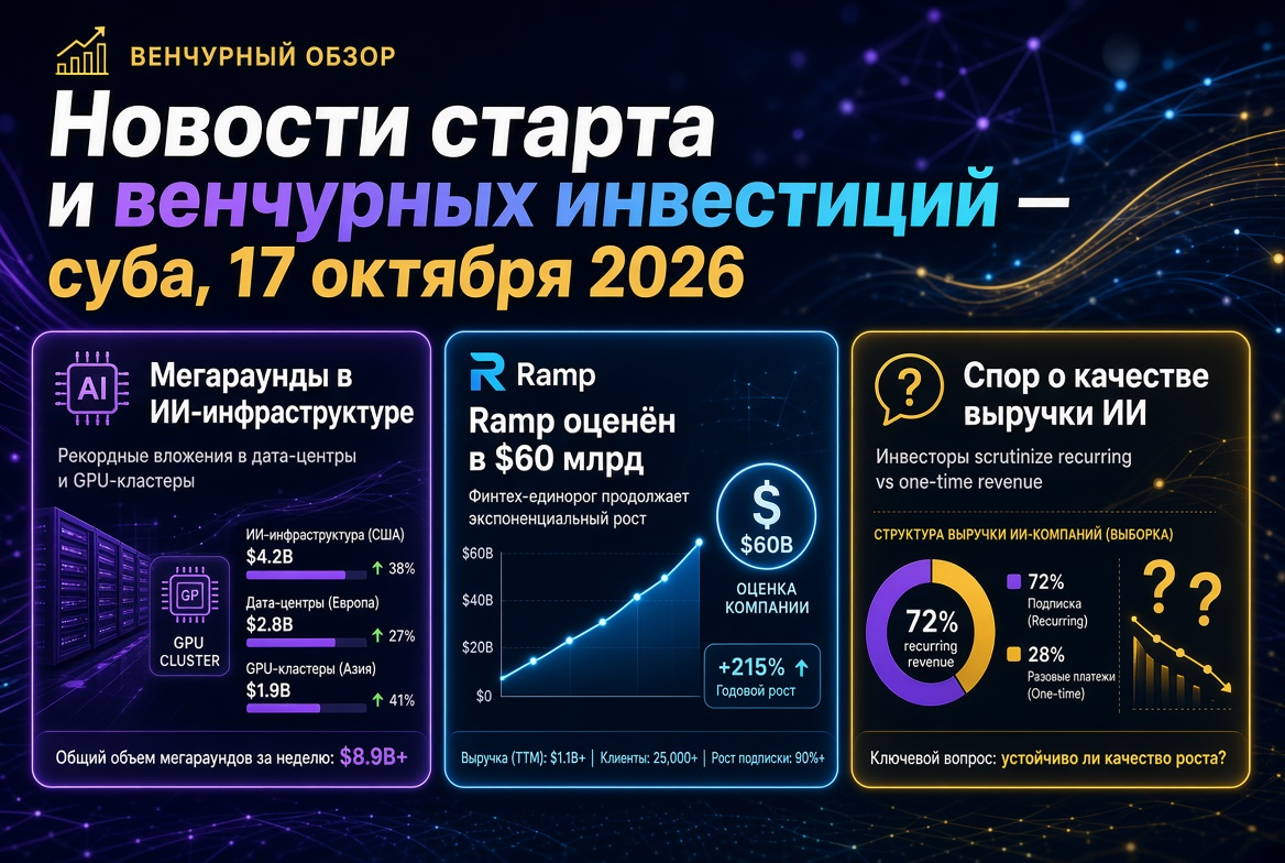 Noticias de startups y capital de riesgo — sábado, 17 de octubre de 2026: megarrondas en infraestructura de IA, Ramp valorada en $60 mil millones y debate sobre la calidad de los ingresos de IA.