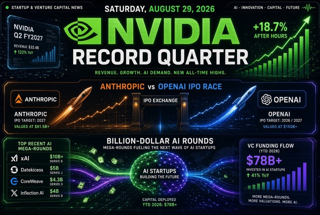 Noticias de startups e inversiones — sábado, 29 de agosto de 2026: trimestre récord de Nvidia, carrera OPI de Anthropic y OpenAI y rondas de IA multimillonarias.