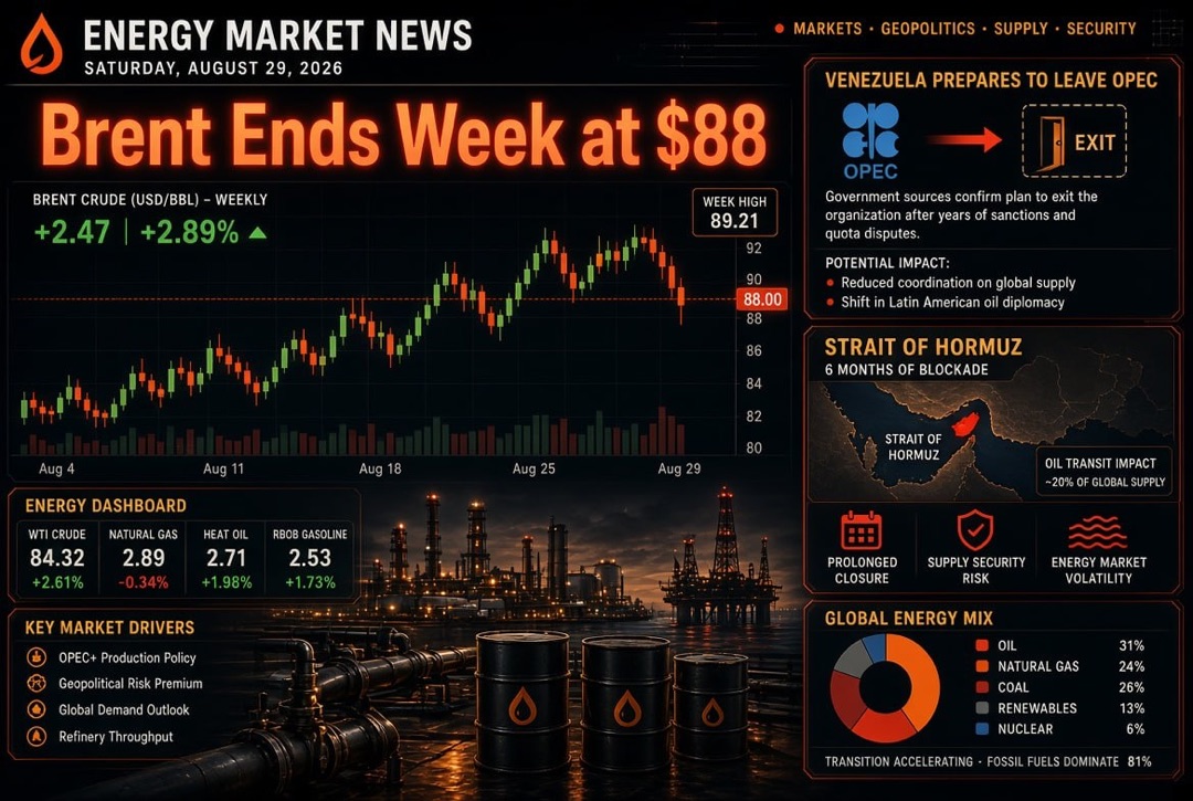 Noticias de petróleo y energía — sábado, 29 de agosto de 2026: Venezuela se prepara para salir de la OPEP, Brent cierra la semana a $88, seis meses de bloqueo del estrecho de Ormuz