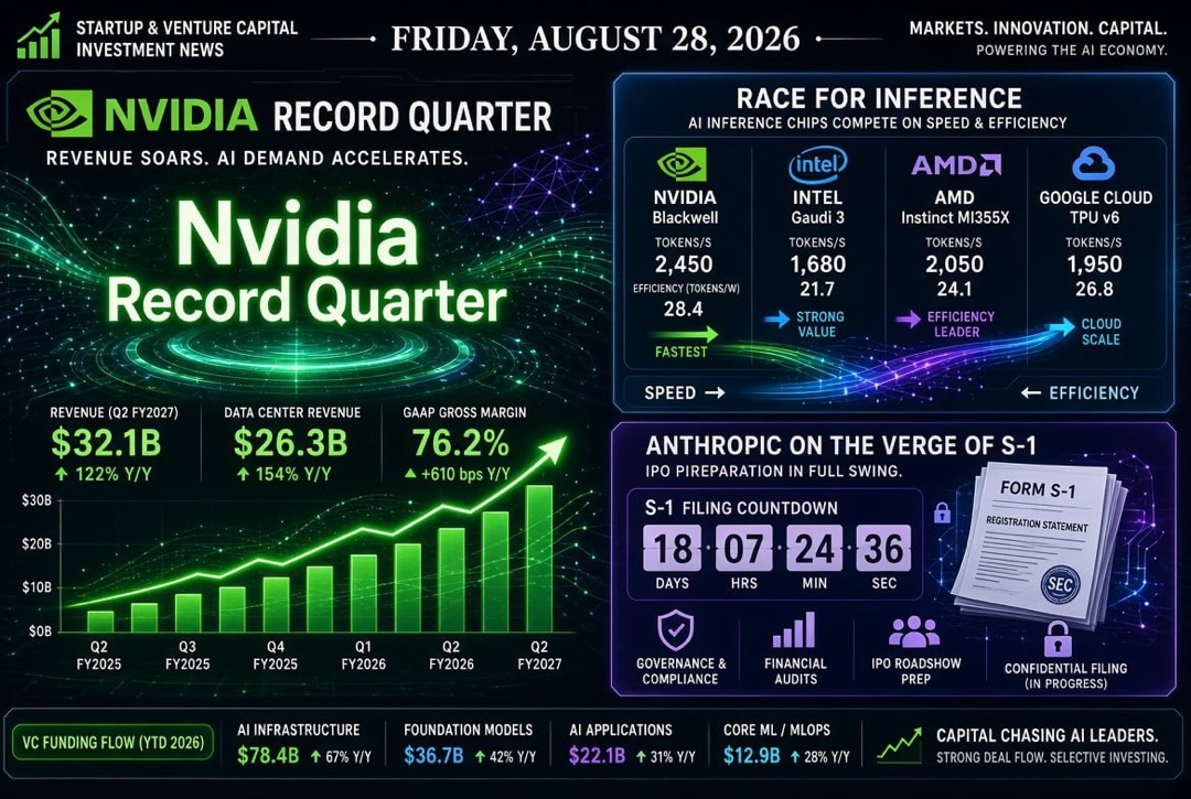 Noticias de startups y capital riesgo — viernes, 28 de agosto de 2026: trimestre récord de Nvidia, carrera por la inferencia y Anthropic a las puertas de la pública S-1.