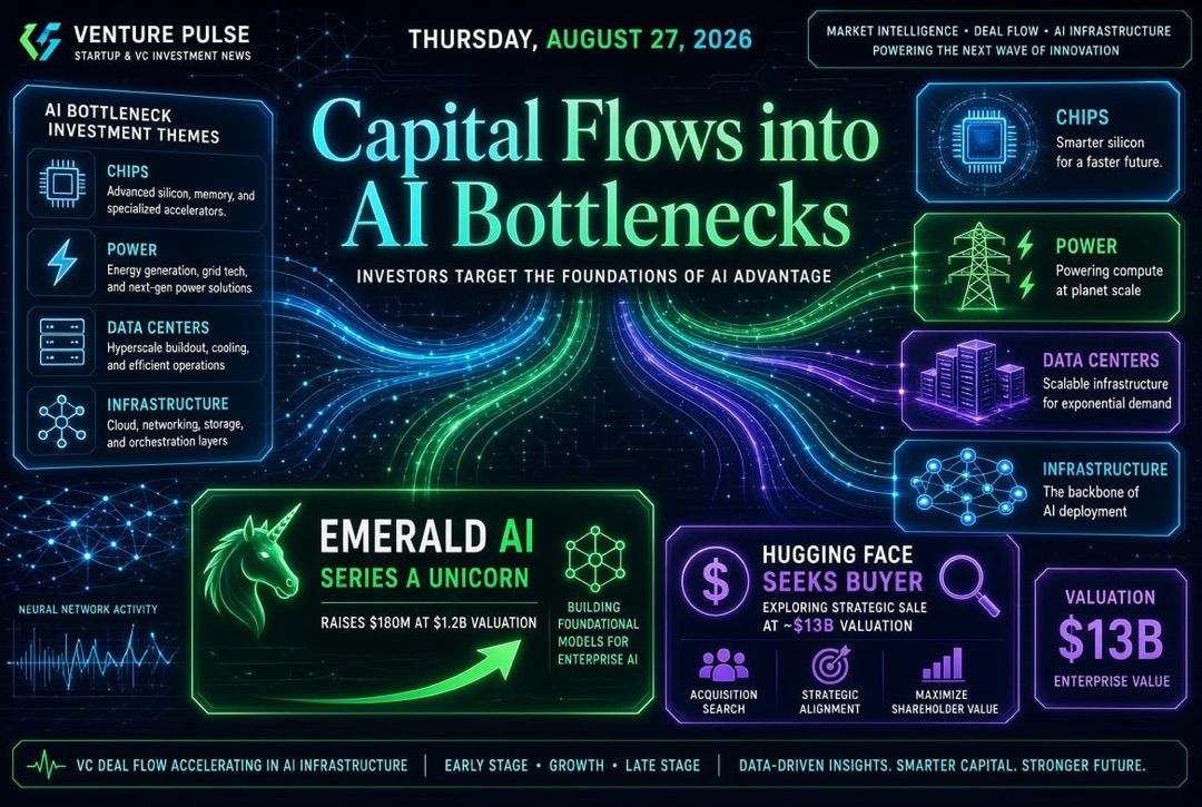 Noticias de startups e inversiones de riesgo — jueves, 27 de agosto de 2026: el capital se dirige a los “puntos críticos” de la IA, Emerald AI se convierte en unicornio en la Serie A, y Hugging Face busca comprador por 13 mil millones de dólares