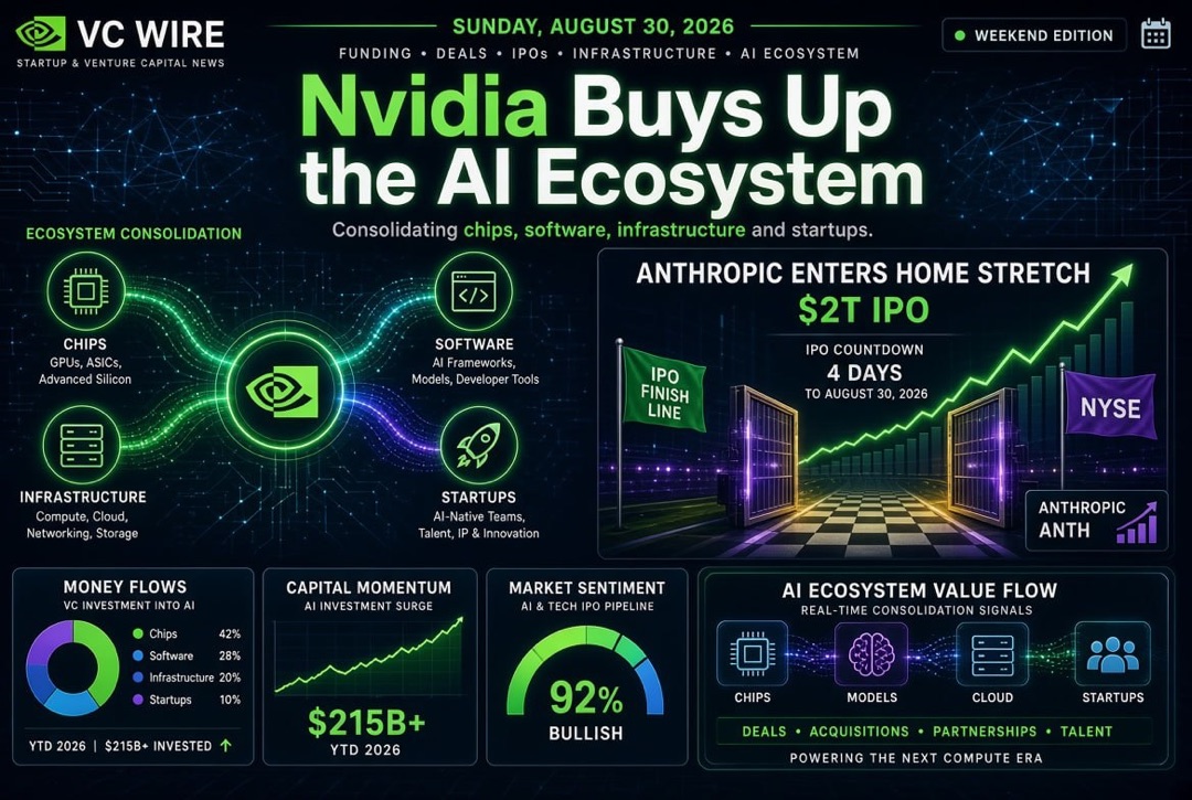 Noticias sobre startups e inversiones de capital de riesgo: domingo, 30 de agosto de 2026: Nvidia adquiere un ecosistema de IA, Anthropic se acerca a su IPO de $2 billones