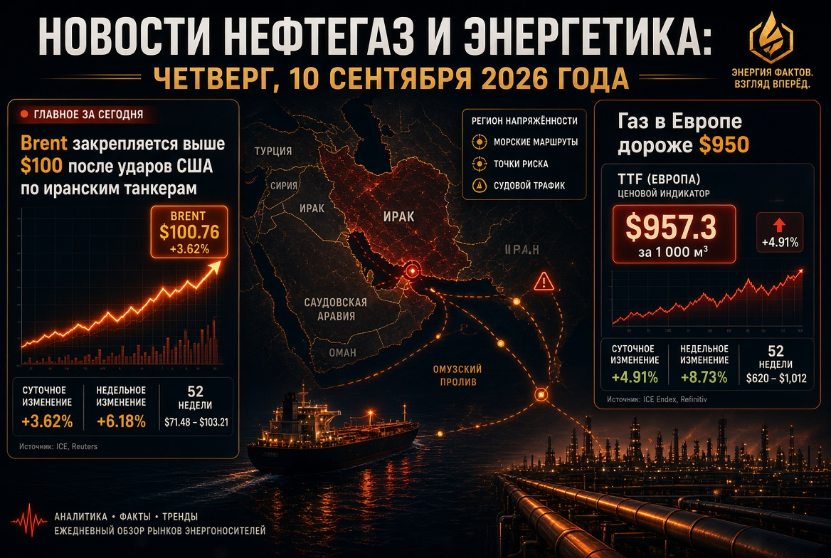 Noticias petróleo y gas: jueves, 10 de septiembre de 2026 — Brent se consolida por encima de $100 tras ataques de EE.UU. a petroleros iraníes, gas en Europa más caro que $950