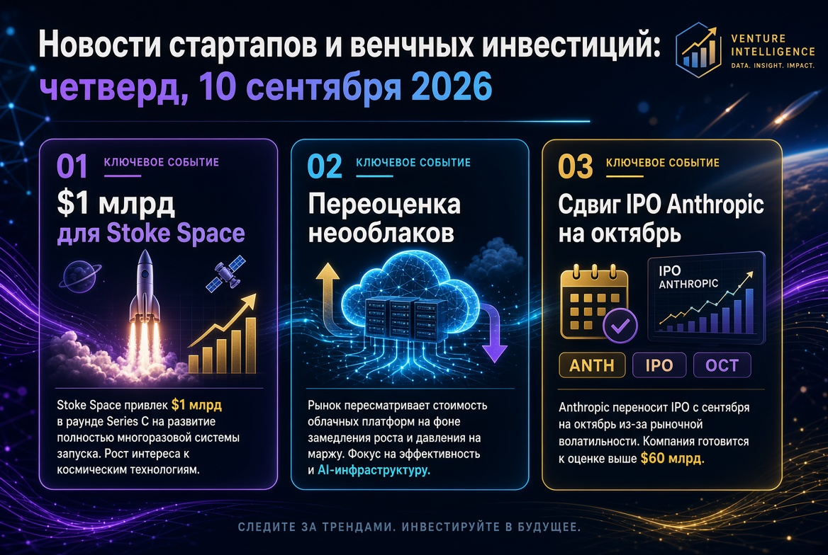 Noticias de startups e inversiones de capital riesgo: jueves, 10 de septiembre de 2026 — $1 mil millones para Stoke Space, reevaluación de nubes neo y desplazamiento de OPI de Anthropic a octubre