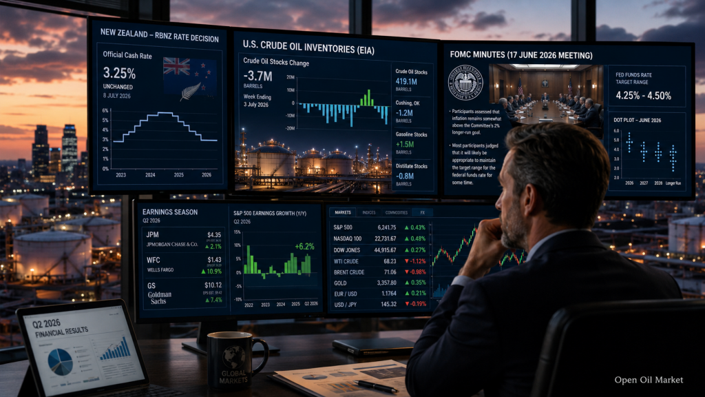 Eventos económicos e informes corporativos, miércoles 8 de julio de 2026: tasa RBNZ, reservas de petróleo EIA y actas del FOMC