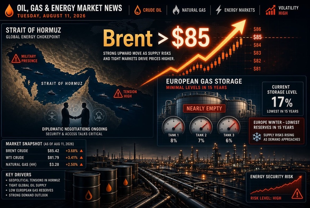 Noticias de petróleo y gas y energía — martes, 11 de agosto de 2026: Brent superó los 85 dólares en medio de la negociación en torno al estrecho de Ormuz, Europa entra al invierno con los niveles mínimos de gas en 15 años