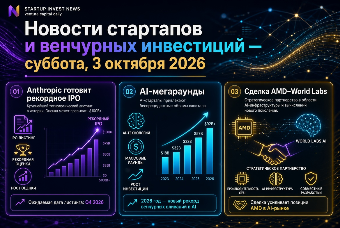 Noticias de startups e inversiones de riesgo - sábado, 3 de octubre de 2026: Anthropic prepara una IPO récord, megarrondas de IA y acuerdo AMD-World Labs