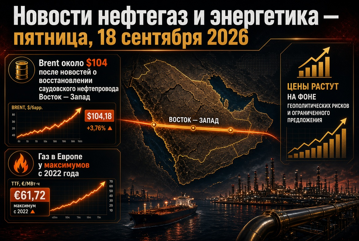 Noticias petróleo y gas y energía — viernes, 18 de septiembre de 2026: Brent alrededor de $104 tras la noticia sobre la restauración del oleoducto saudí Este-Oeste, gas en Europa en máximos desde 2022
