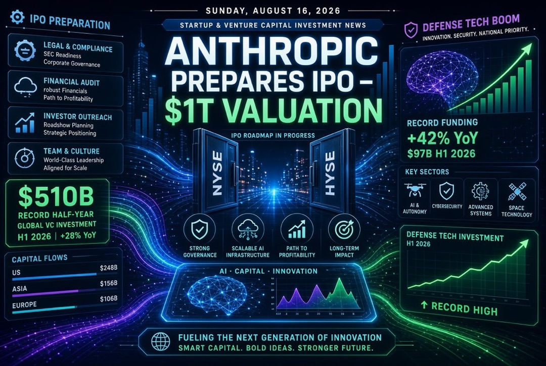 Noticias de startups y capital de riesgo — domingo, 16 de agosto de 2026: Anthropic prepara IPO de $1 billón, récord de $510 mil millones en el semestre y auge de tecnologías de defensa