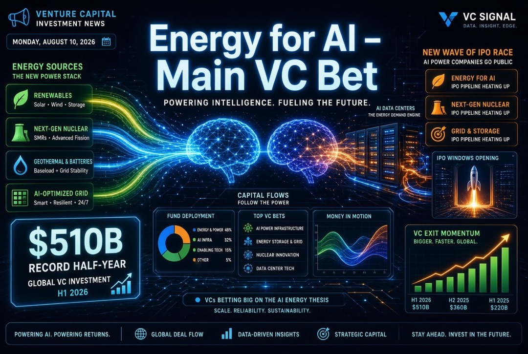 Noticias de startups e inversiones de capital riesgo — lunes, 10 de agosto de 2026: energía para IA se convierte en la principal apuesta de capital riesgo, récord de $510 mil millones en seis meses y una nueva ola de la carrera de IPO.