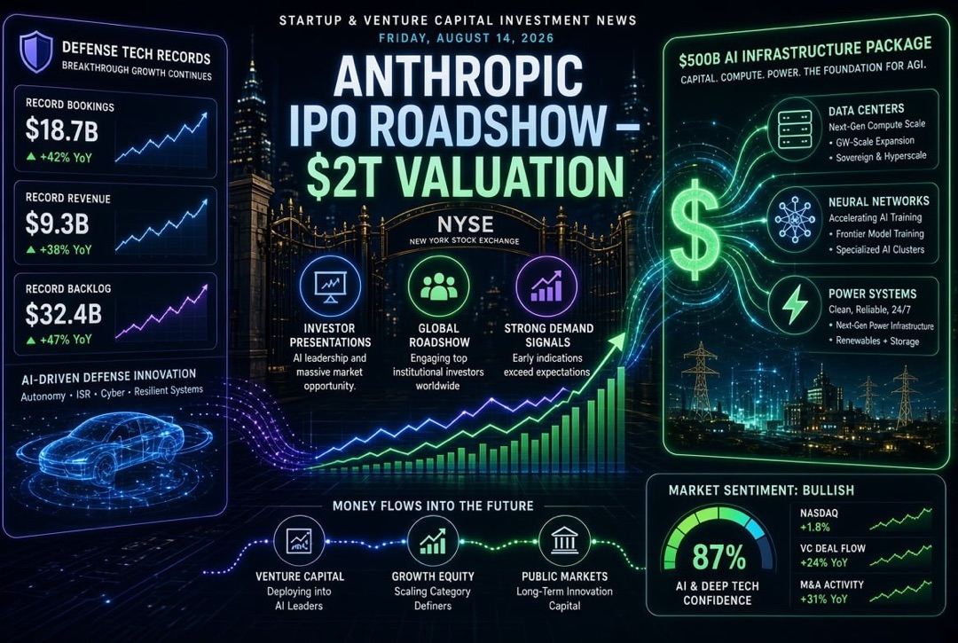 Noticias de startups e inversiones de capital de riesgo — viernes, 14 de agosto de 2026: roadshow de OPI de Anthropic por 2 billones de dólares, paquete de 500 mil millones de dólares para infraestructura de IA y récords de tecnologías de defensa