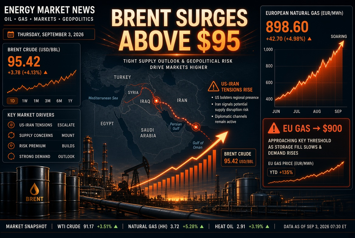 Noticias de petróleo y gas — jueves, 3 de septiembre de 2026: La escalada de EE. UU. e Irán eleva Brent por encima de 95$, gas en Europa sube a 900$.