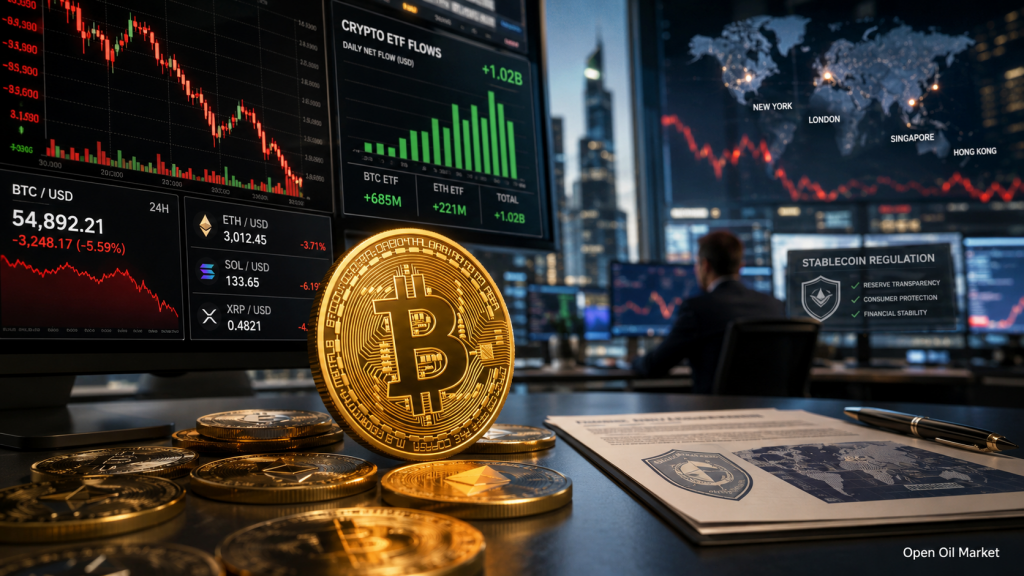 Mercado de criptomonedas 9 de julio de 2026: Bitcoin bajo presión, flujos hacia ETF, Ethereum, Solana, XRP y regulación de stablecoins
