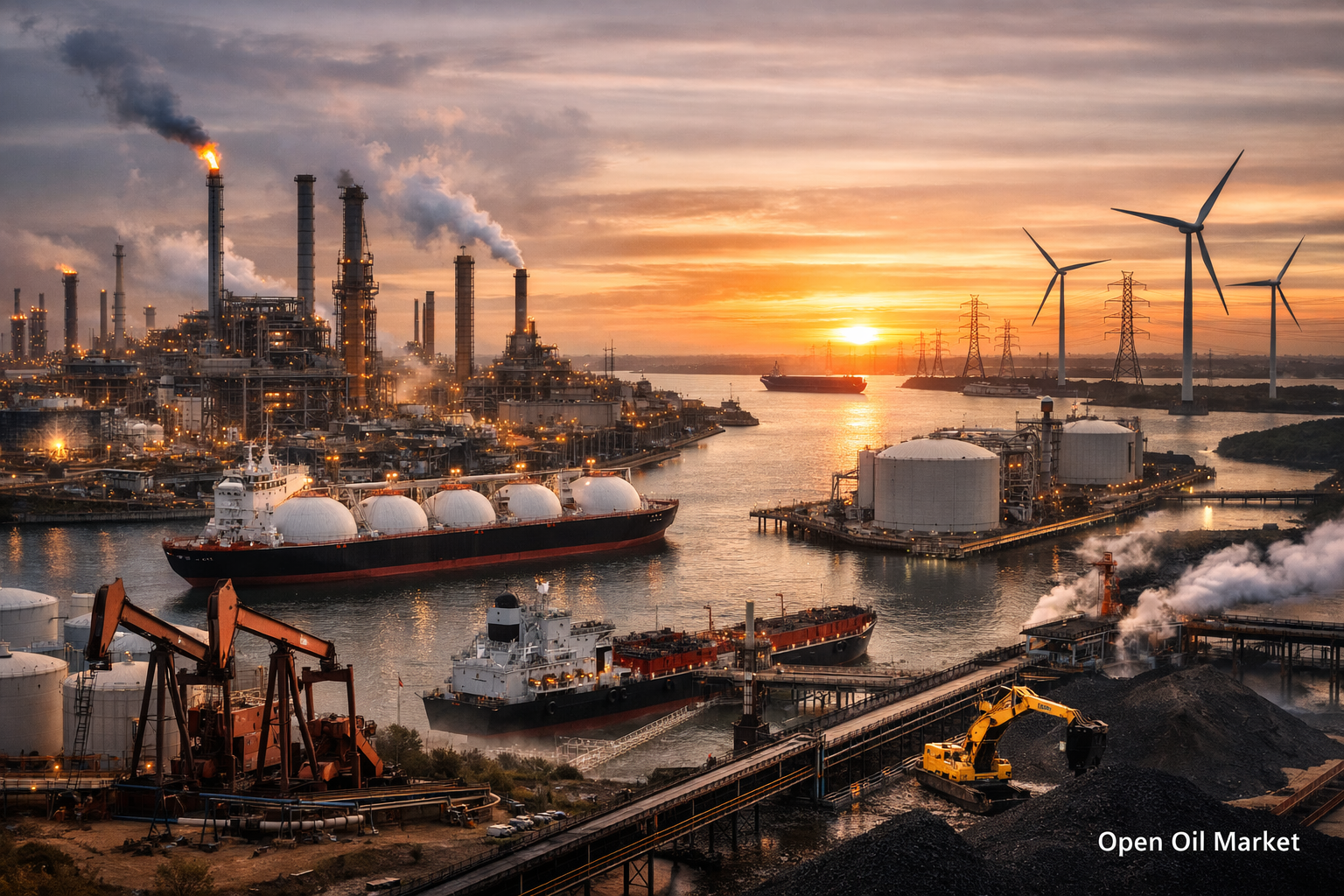 Refinería, terminal de GNL, petroleros y puerto de carbón al atardecer — mercado mundial de petróleo y gas y energía 18 de febrero de 2026