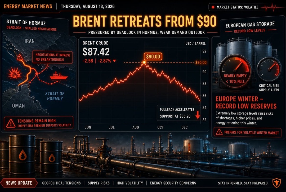 Noticias de petróleo, gas y energía — jueves, 13 de agosto de 2026: Brent retrocede de $90 ante el estancamiento en el Estrecho de Ormuz; Europa entra al invierno con reservas de gas históricamente bajas