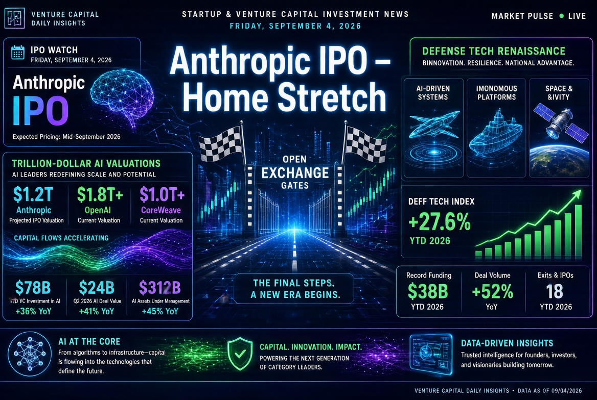 Noticias de startups e inversiones de capital de riesgo — viernes, 4 de septiembre de 2026: recta final de la IPO de Anthropic, valoraciones de billones en IA y renacimiento de tecnologías de defensa.