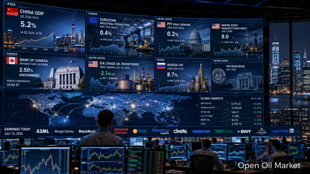 Mercados mundiales 15 de julio de 2026: PIB de China, PPI de EE.UU., Banco de Canadá, reservas de petróleo EIA e informes de ASML, Morgan Stanley y BlackRock.